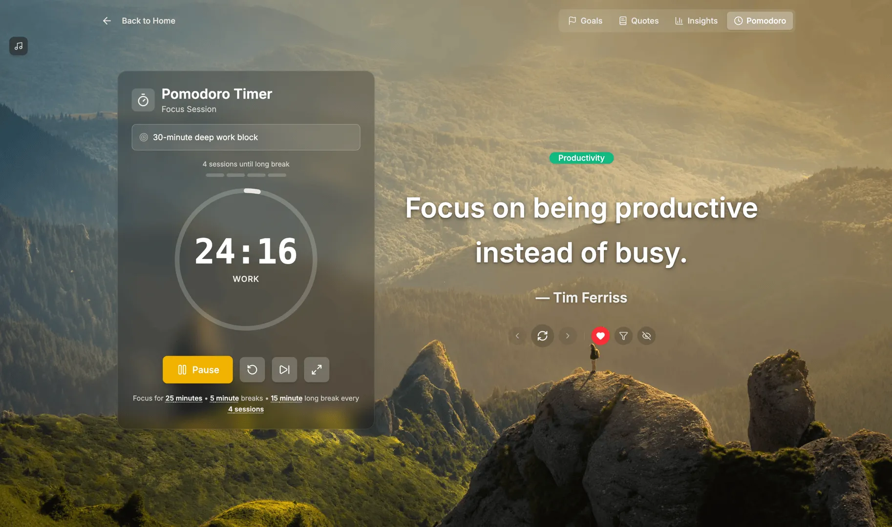 Cuewise Pomodoro timer in Glass mode